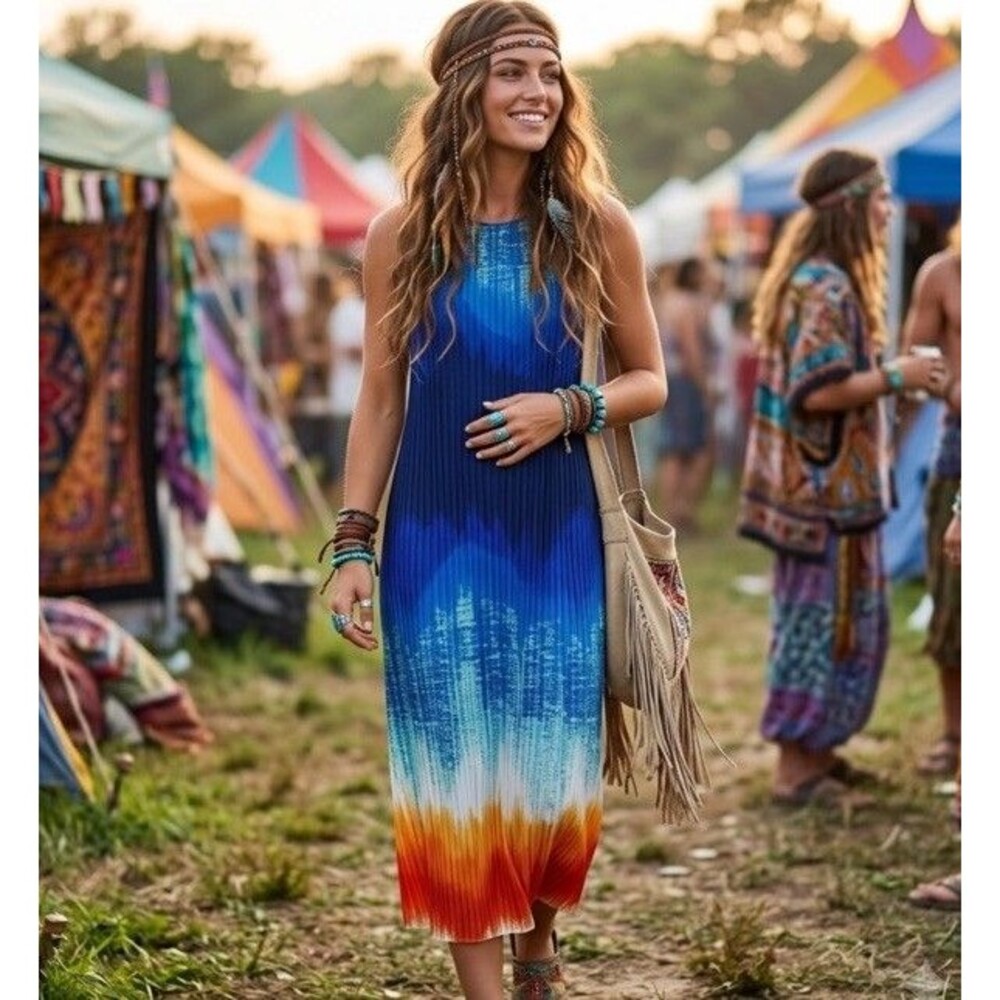 ⁠Stella & Julie Large Pleated Tank Maxi Dress Blue Orange Ombre Elegant Hippie